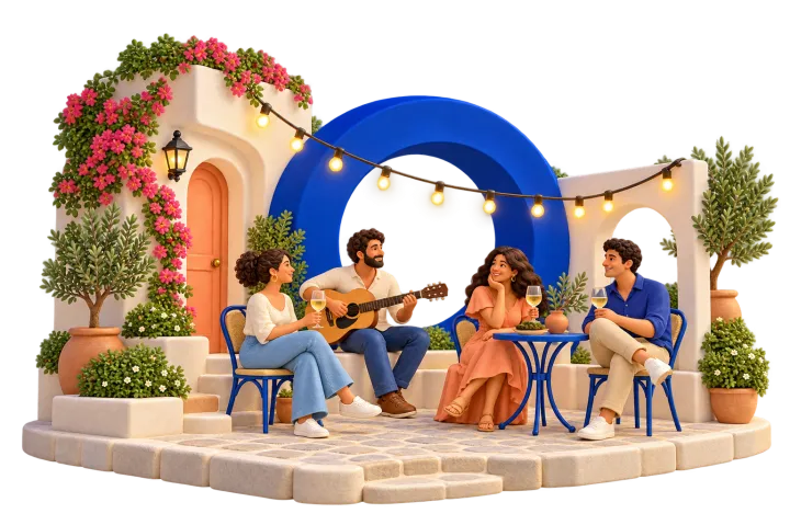 Müzik etrafında buluşan arkadaşlar; Nisoya marka illüstrasyonu